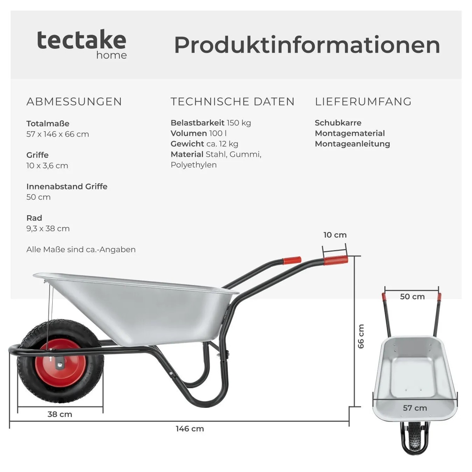 Tectake Schubkarre Oskar Aus Verzinktem Stahl Mit Kunststoffgriffholmen  146 x 57 x 66 cm Silber_6