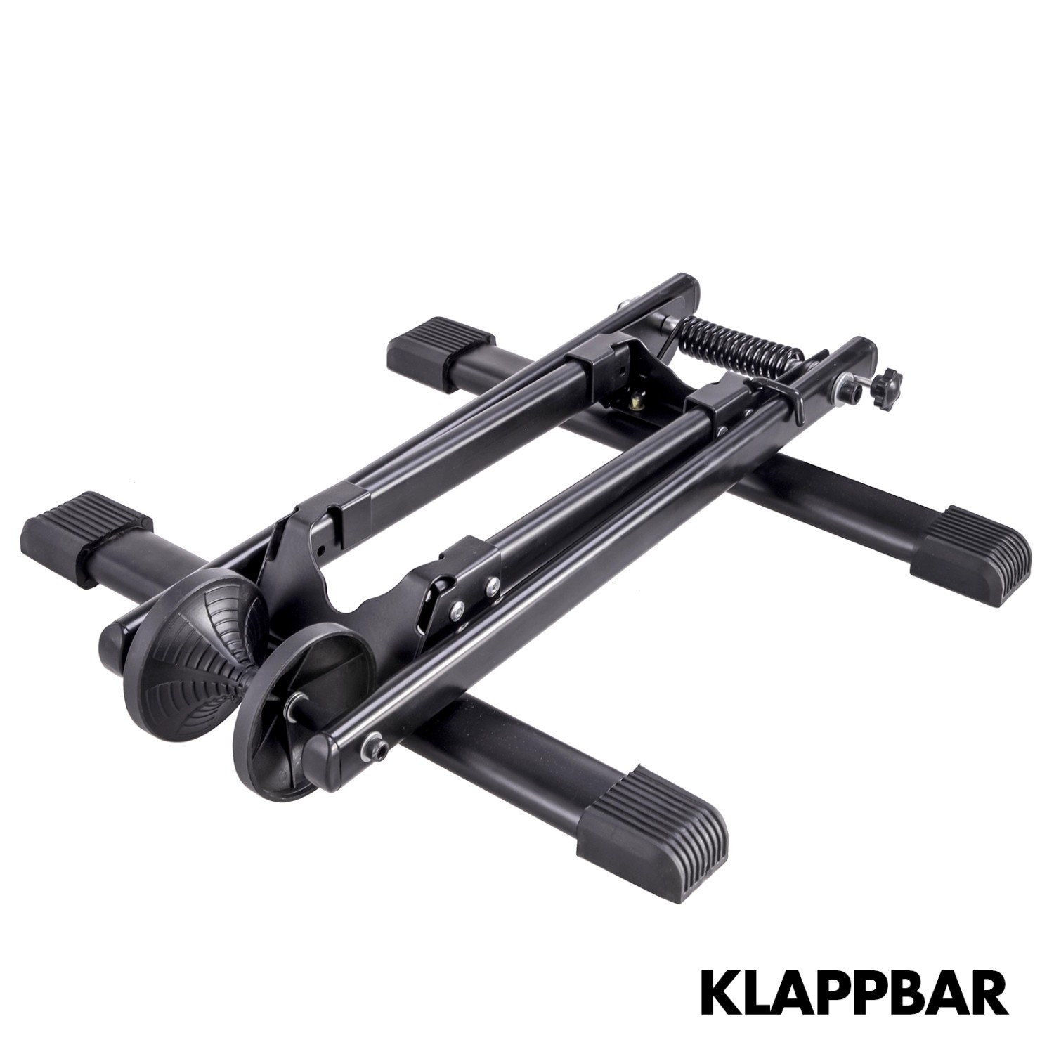 Zusammengeklappter, schwarzer KARAT Fahrrad Bodenparker/Fahrradständer Finn aus Stahl.