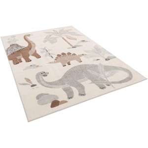Grauer Kinderteppich 200x290cm mit Dino-Motiven für das Kinderzimmer.