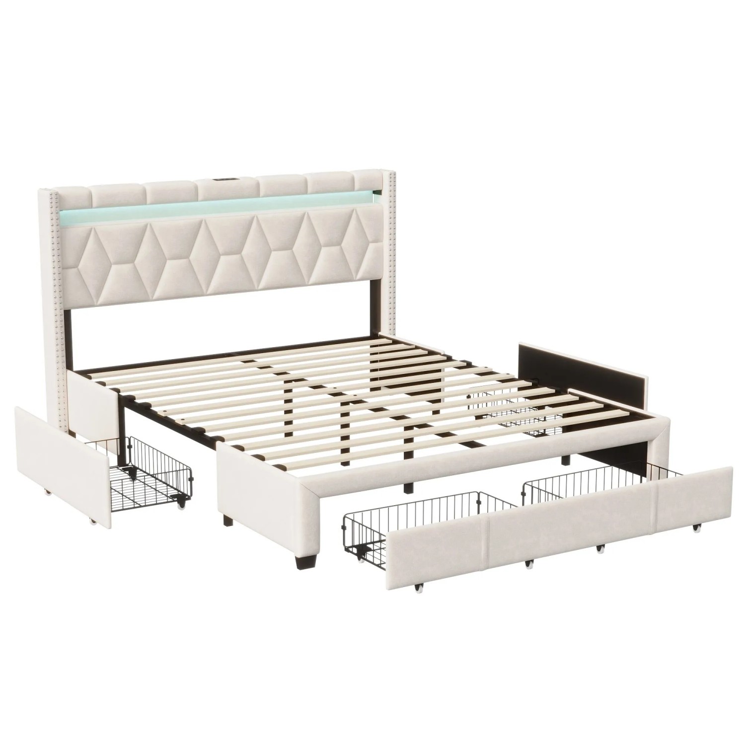 PXloue Polsterbett Schubladenbett 160x200 Beige mit LED USB  Schubladen Grau