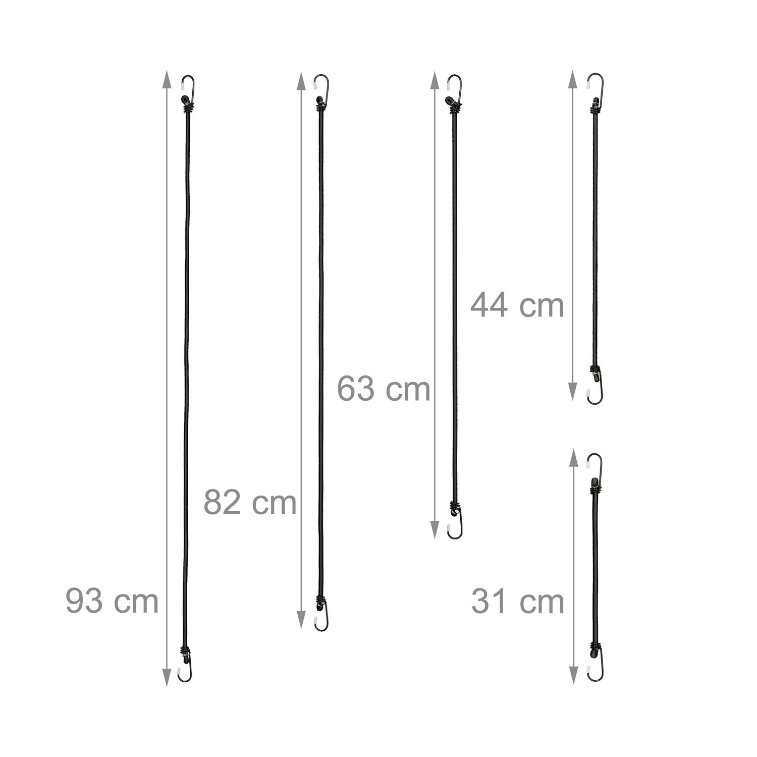 Fünf schwarze Spanngummis mit Metallhaken in Längen von 31 cm bis 93 cm, ideal für Gepäcksicherung.