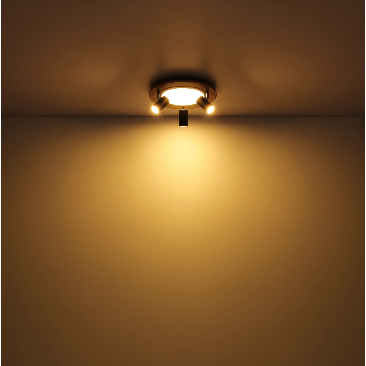 Globo LED-Deckenleuchte Ulla, 3-flammig, schwarz matt mit Holzoptik, warmweißes Licht.