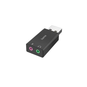 Hama USB-Soundkarte mit USB-Stecker und 2 Klinke-Buchsen für Kopfhörer/Mikrofon.