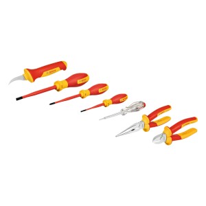 Bosch Handwerkzeug-Set Pro VDE, 7-teilig: Schraubendreher, Zangen und Phasenprüfer mit rot-gelben Griffen.