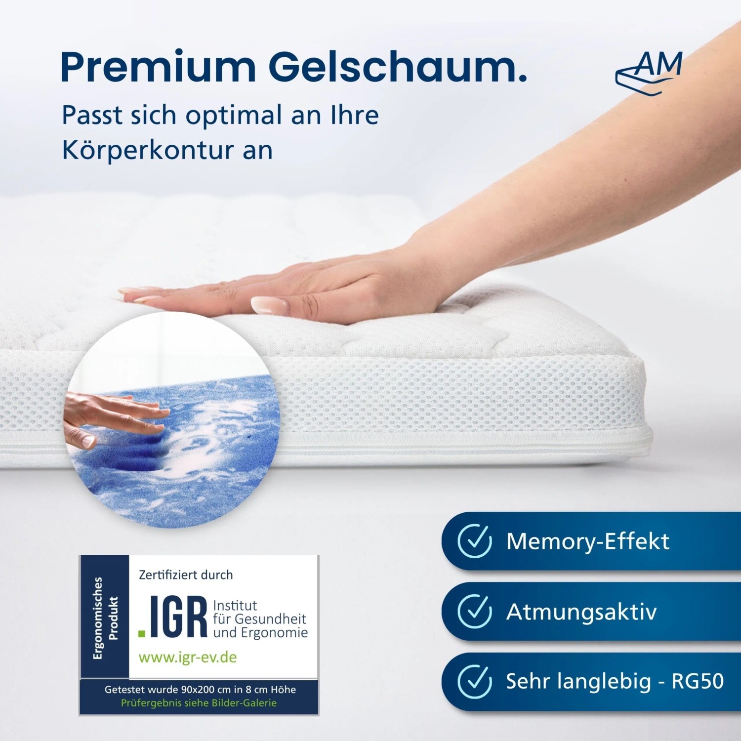 AM Deluxe Gel Topper 200x200 cm: Weißer Matratzen Topper mit Hand, Memory-Effekt, atmungsaktiv, RG50.