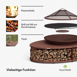 Blumfeldt Ebeko 3-in-1 Feuerschale: Grill, Tisch und Feuerstelle mit Holzablage. Vielseitig und robust.