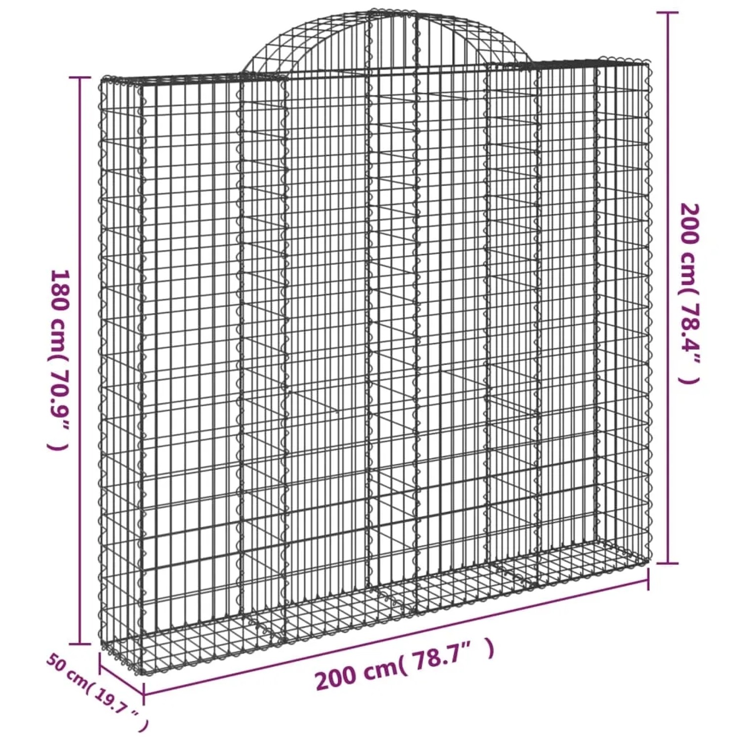 vidaXL Gabionen mit Hochbogen (3 Stk), 200x50x180/200cm, aus verzinktem Eisen.