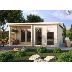 Fjordholz Gartenhaus Alba 44, farblos imprägniert, mit Pultdach, Doppeltür und bodentiefen Fenstern.