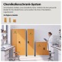 Grau-gelbe JAN NOWAK Chemikalienschränke in verschiedenen Größen im Labor. Robuste Sicherheitsschränke mit Warnpiktogramm.