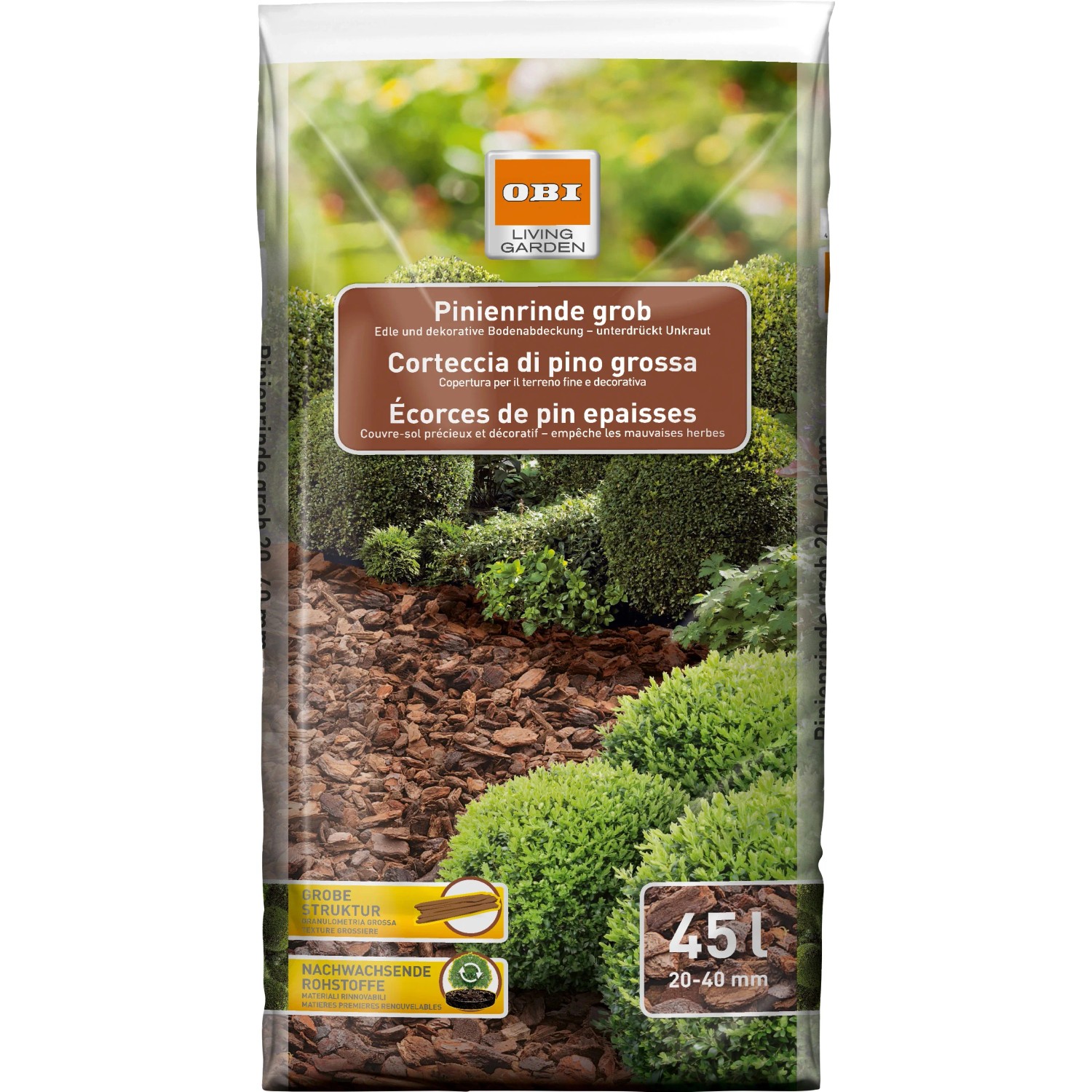 Palette OBI Pinienrinde grob, 51 Säcke à 45 l, zur Beetabdeckung und Unkrautunterdrückung.