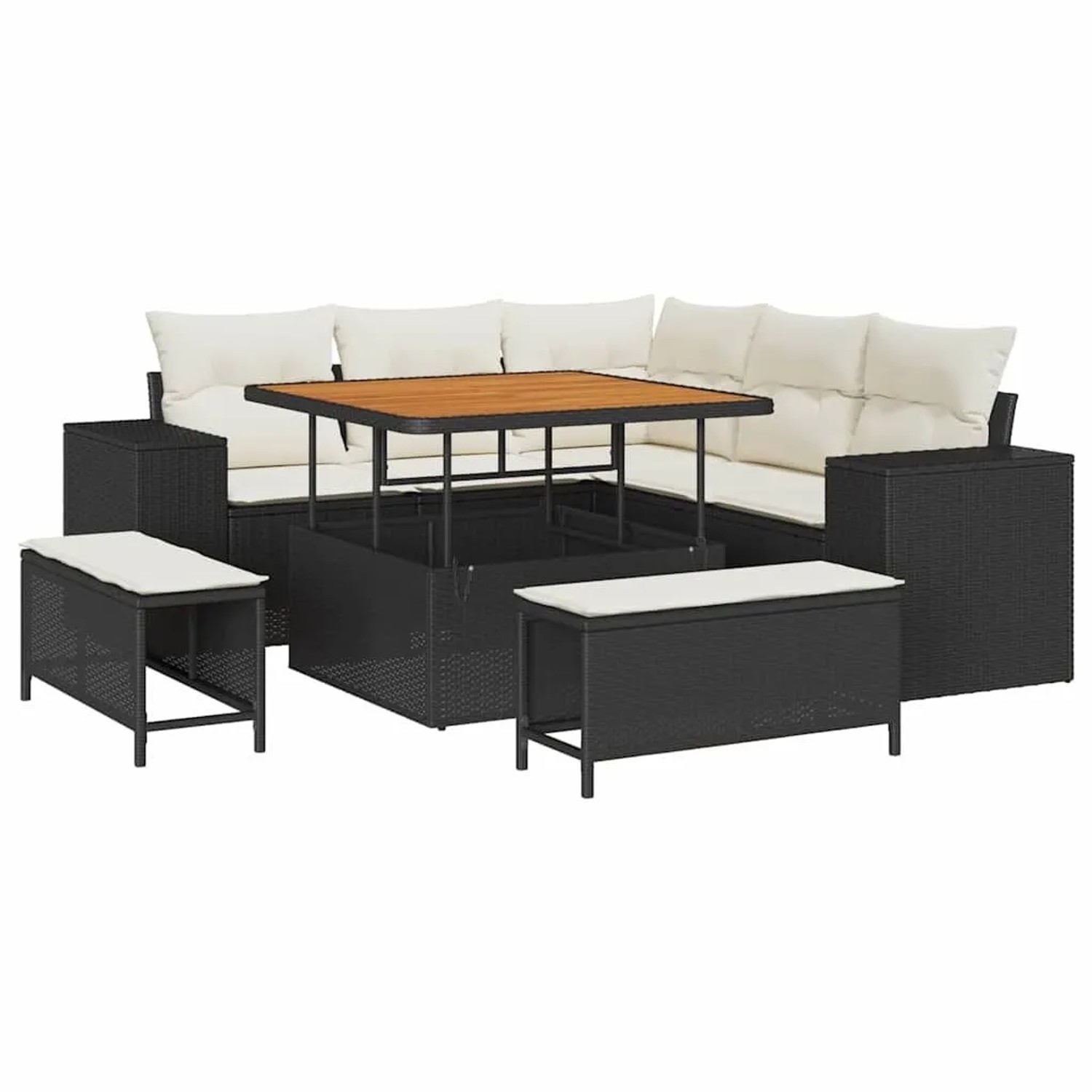vidaXL Garten-Sofa-Set mit Kissen mit Speicher 8-Tlg Schwarz und Creme 3363945