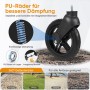 Detailaufnahme: Rad des schwarzen Sekey Bollerwagen mit Dämpfung und Bremse für Camping & Freizeit.