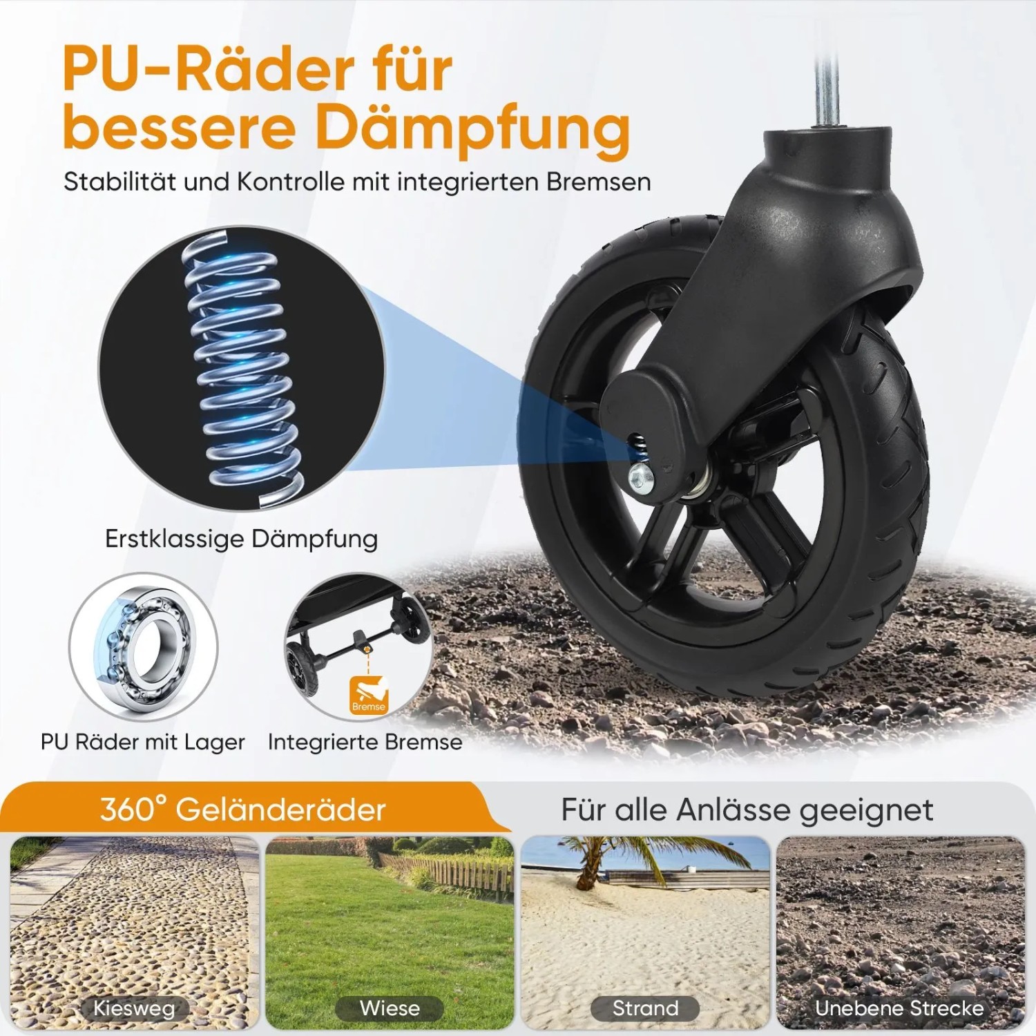Detailaufnahme: Rad des schwarzen Sekey Bollerwagen mit Dämpfung und Bremse für Camping & Freizeit.