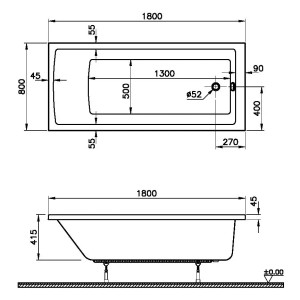 Technische Zeichnung der Pianura Solo Badewanne, 180x80 cm, mit Maßangaben.