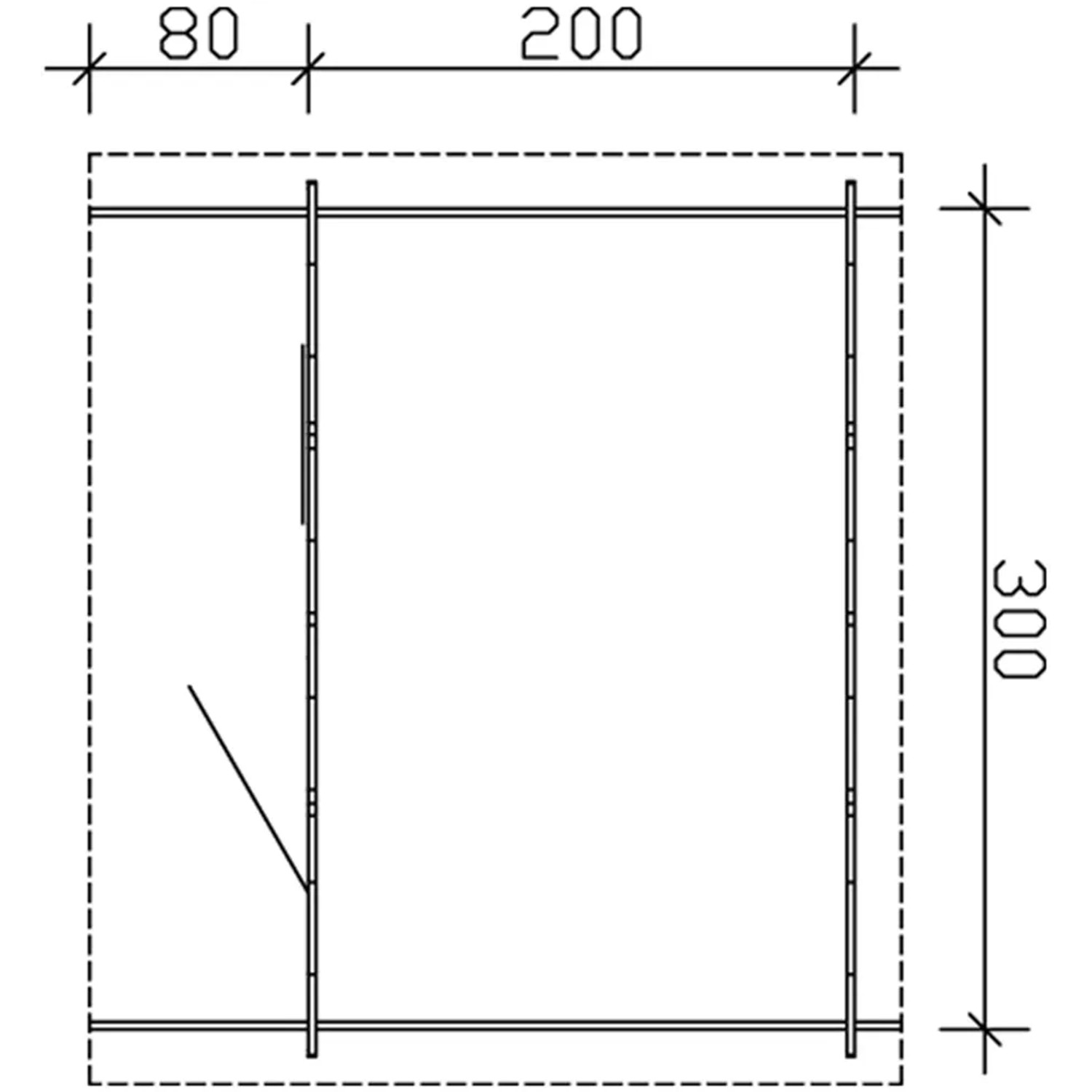 Grundriss Skan Holz Gartenhaus Como 1 Natur, 300x200 cm, Holz-Gartenhaus mit Maßen.
