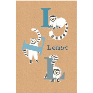Komar Wandbild ABC Animal L: Poster mit Lemuren und Buchstaben in Blau auf braunem Grund.