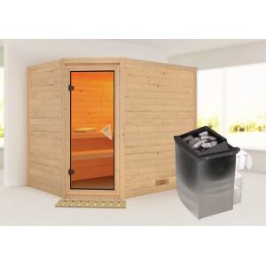 Karibu Sauna Tilda mit Ofen aus naturbelassener Fichte und Edelstahldetails.