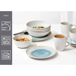 Ritzenhoff & Breker Mira Tafelservice, 8-teilig, aus Steingut mit blau-sandfarbenen Tellern, Schalen und Tassen.