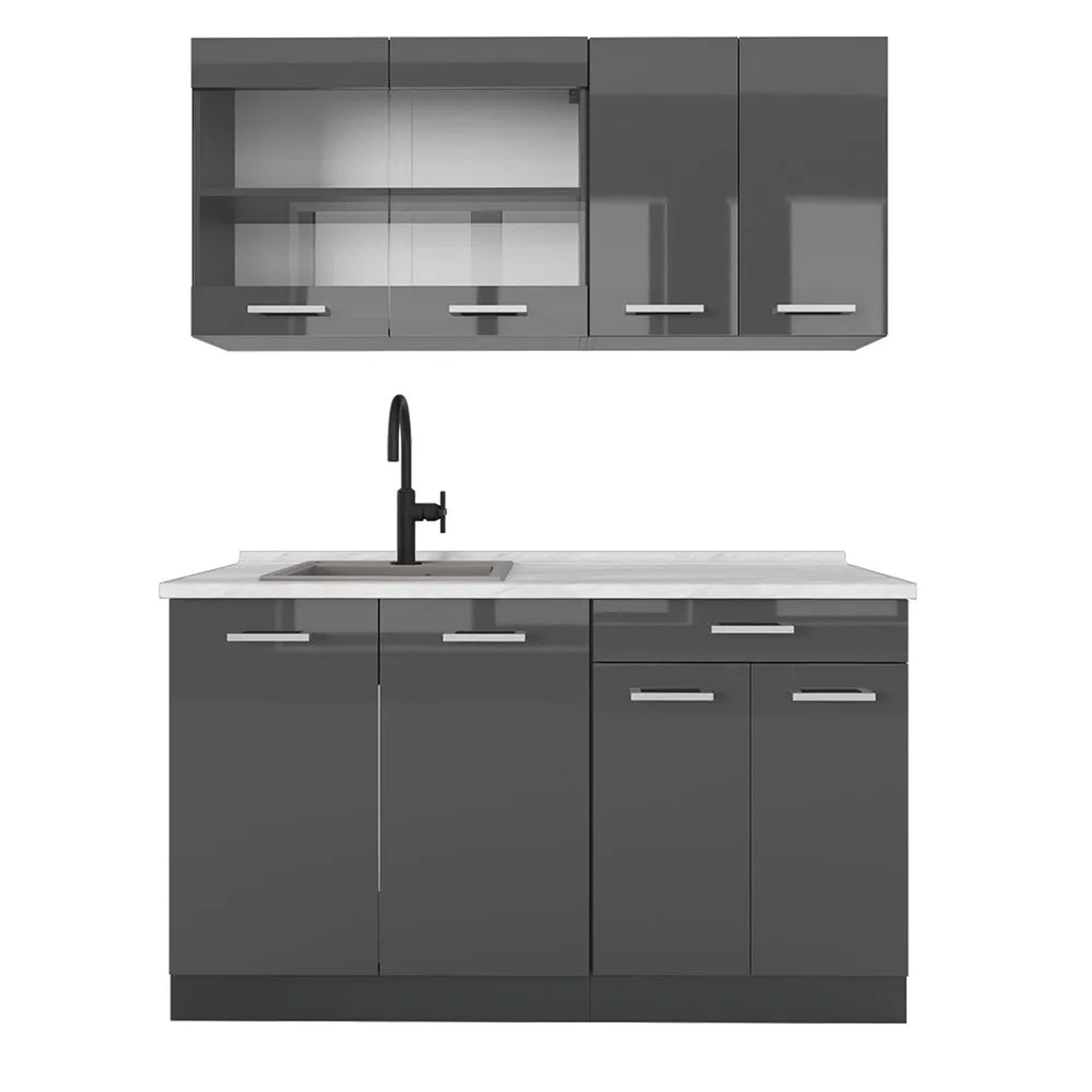 Vicco R-Line Singleküche Anthrazit Hochglanz Anthrazit 140 cm AP Marmor ohne E-Geräte