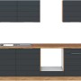 Moderne Küchenzeile in Grau-Wotaneiche Optik, 240 cm breit, ohne Elektrogeräte.