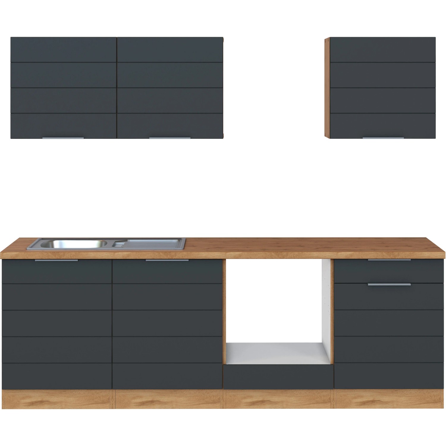 Moderne Küchenzeile in Grau-Wotaneiche Optik, 240 cm breit, ohne Elektrogeräte.