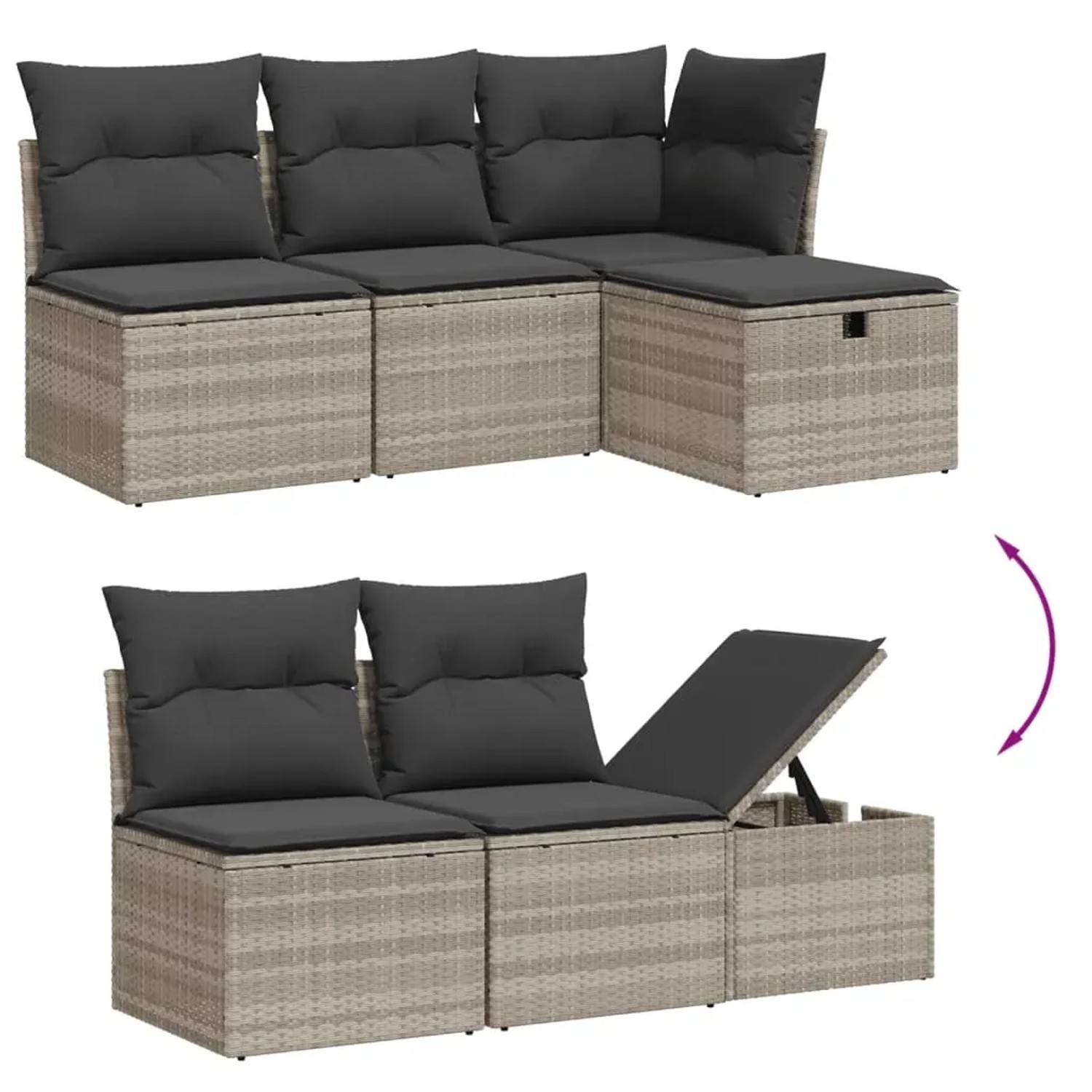 Hellgraue 6-tlg. Garten-Sofagarnitur aus Polyrattan mit dunklen Kissen und Stauraum.