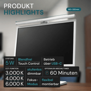 Weiße LUXULA Monitorleuchte mit stufenloser Dimmung und CCT-Funktion am Bildschirm befestigt.