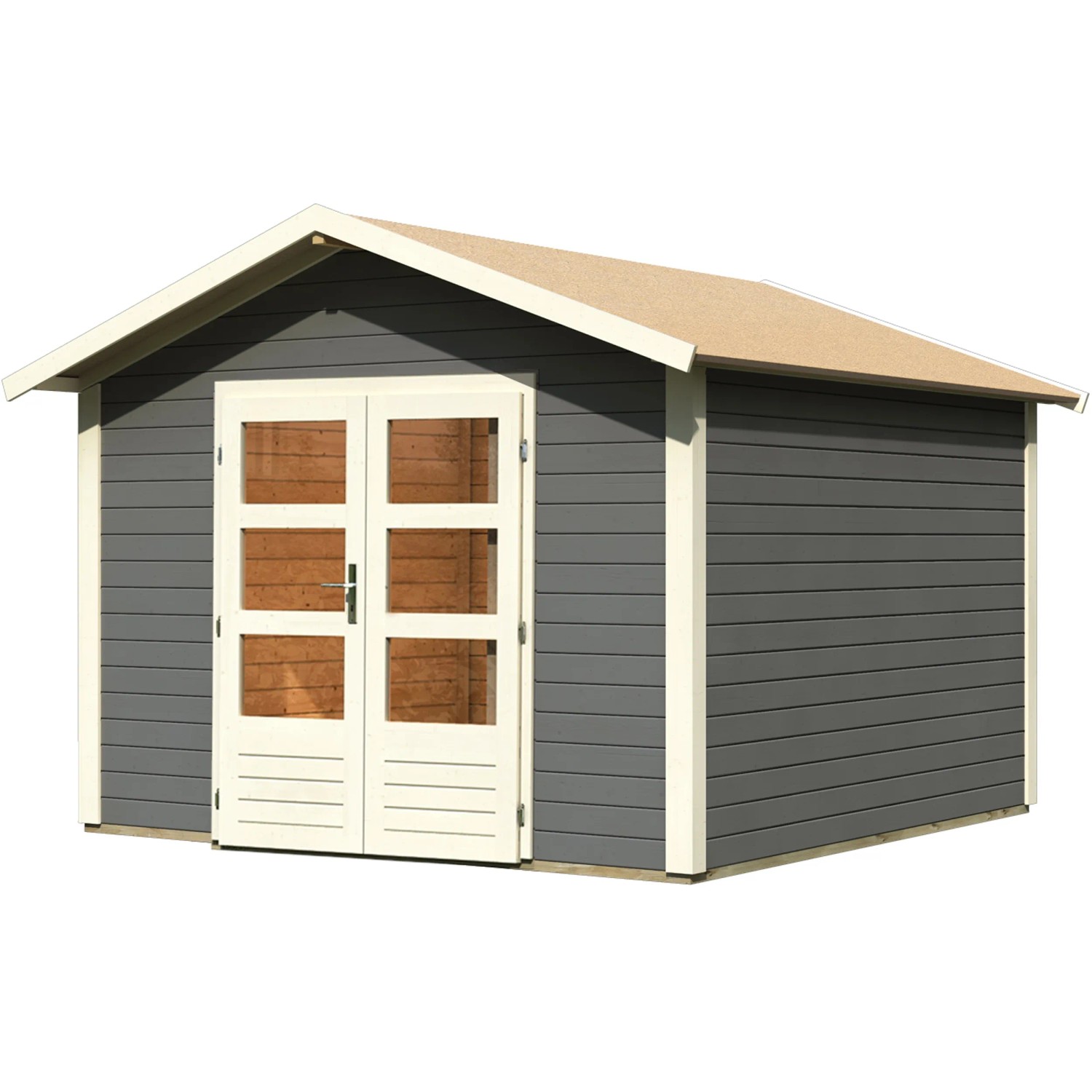 Karibu Holz-Gartenhaus Tyka, terragrau, mit Satteldach und Doppeltür. Ideal als Gerätehaus.