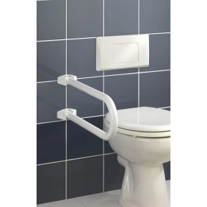Wenko Badstützgriff Secura, weiß, hochklappbar, neben Toilette an Wand montiert.