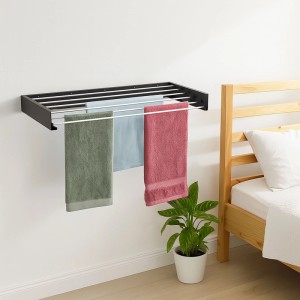 Schwarzer, klappbarer Wand-Wäscheständer aus Stahl/Aluminium mit Handtüchern. Platzsparende Trocknung für Bad und Balkon.
