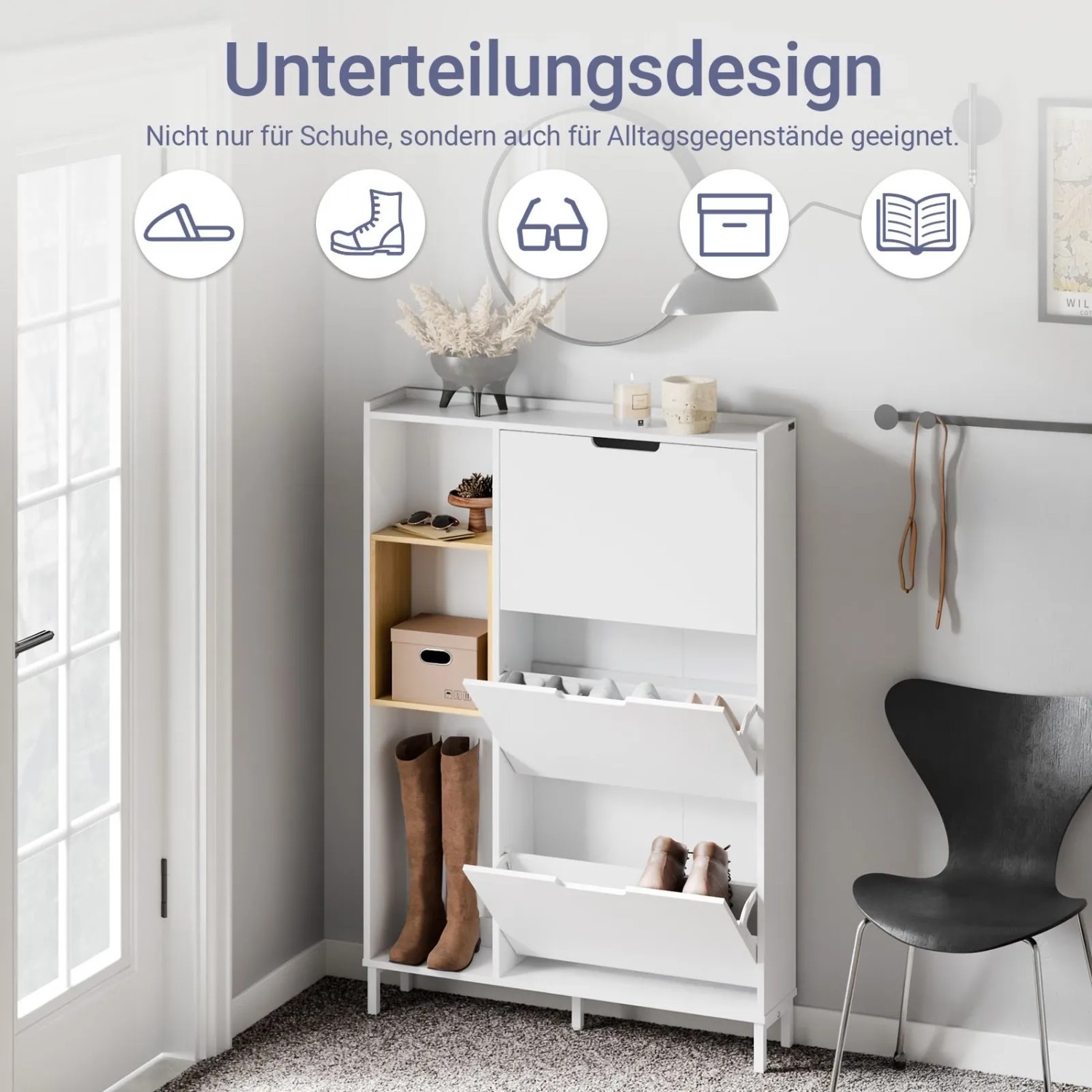 Weißer, schmaler Schuhschrank mit 3 Klappen und Bambus-Seitenfach im Flur.