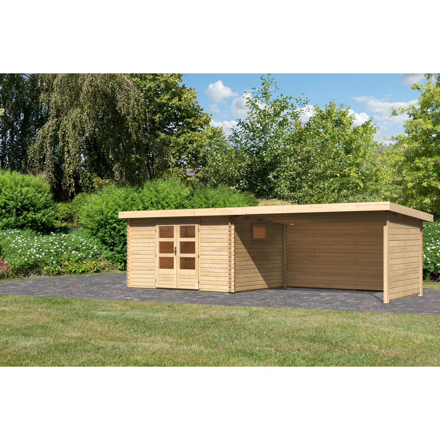 Karibu Gartenhaus Jeebel 4 Anbaudach Rück-/Seitenwand Natur 217 x 342 x 282 günstig online kaufen