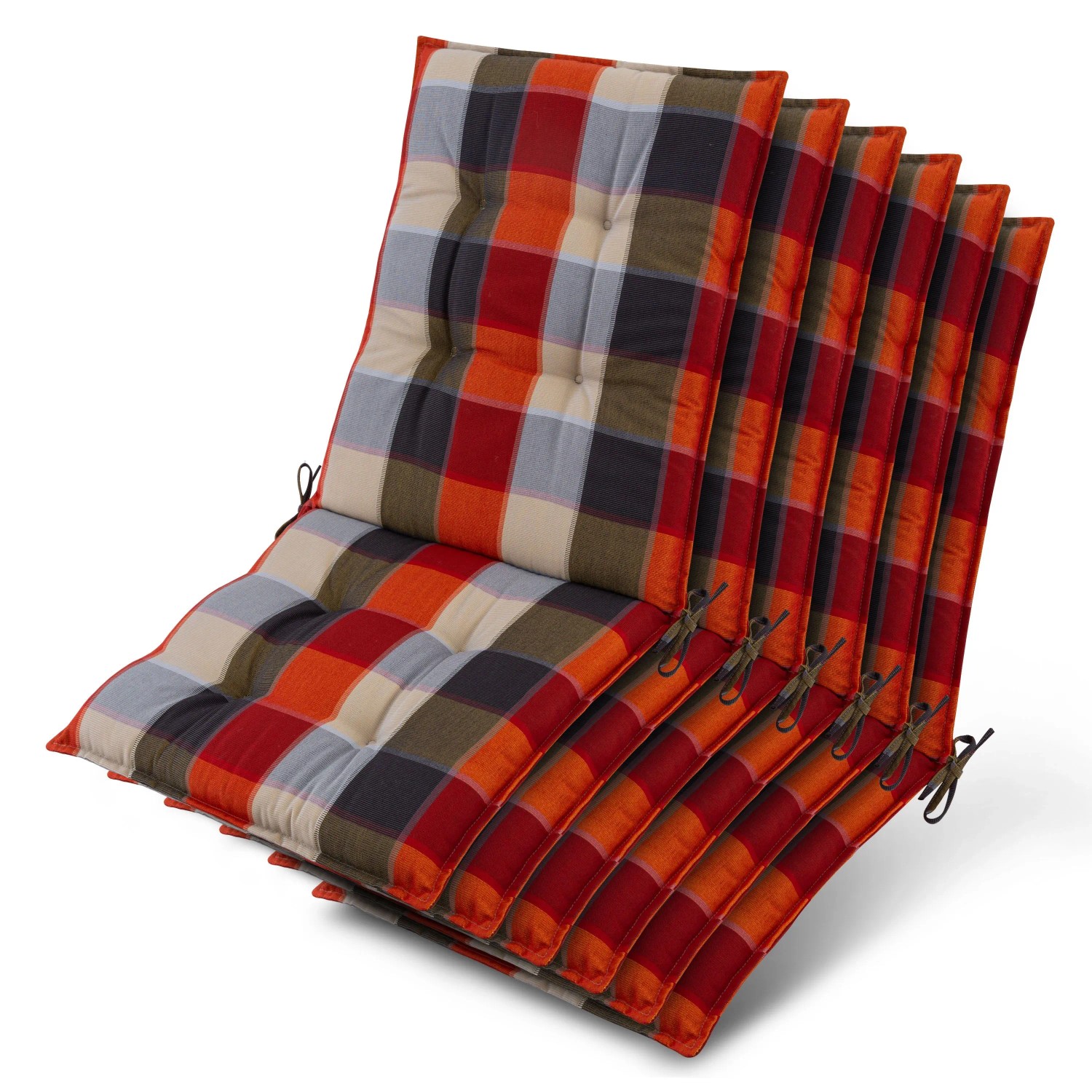 Beautissu 6x Niederlehner Sun-NL Auflage 105x50x8cm Orange-Beige-Kariert