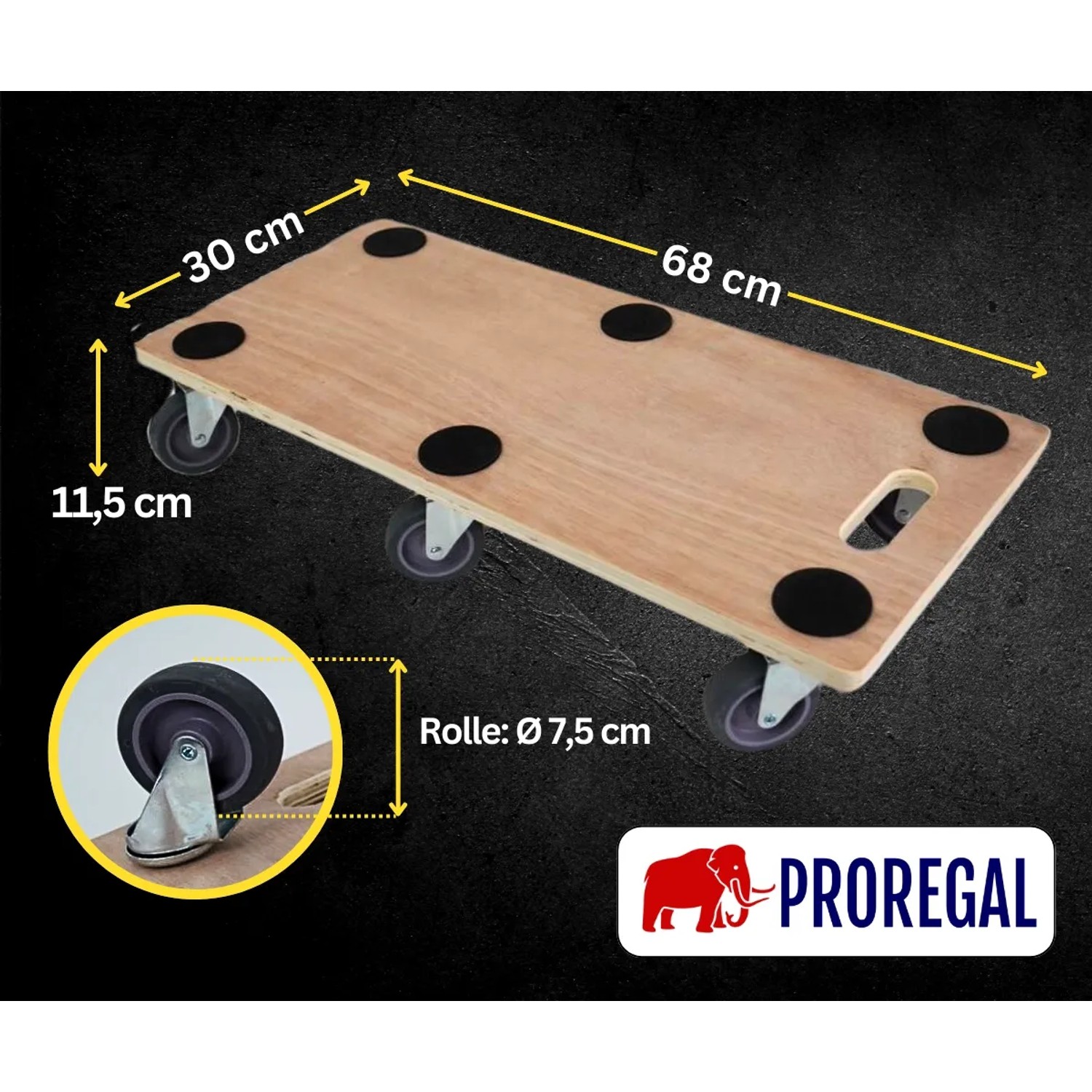 PROREGAL Transportroller mit 6 Rollen, 30x68cm, Traglast 300kg, Sperrholzplatte braun.