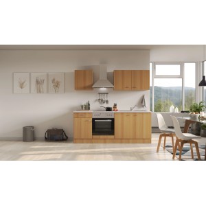 Flex-Well Classic Küchenzeile Nano 210 cm in Buche mit E-Geräten und Spüle.