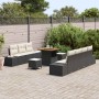 Schwarzes 10-tlg. vidaXL Garten-Sofa-Set aus Poly Rattan mit Tisch und Kissen.