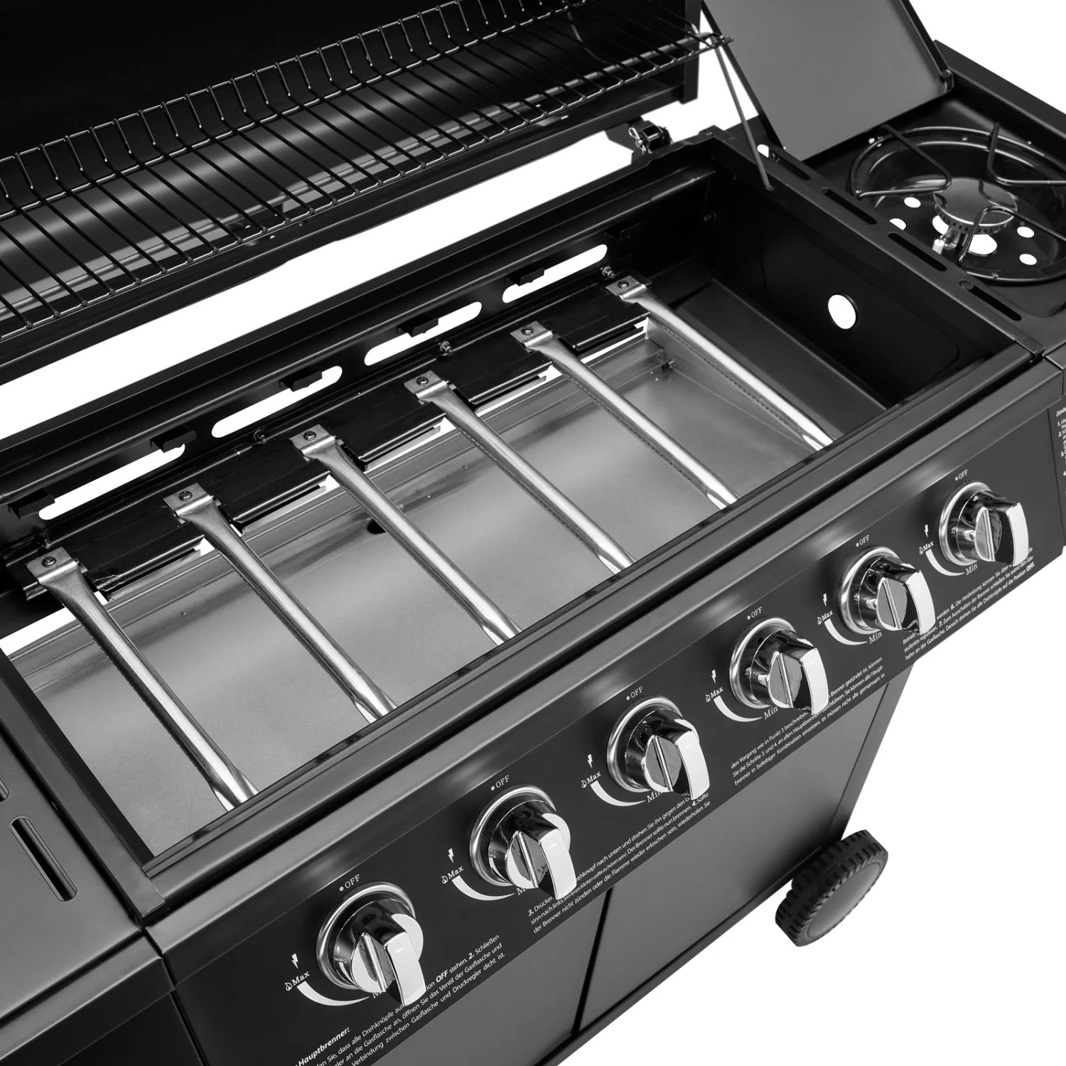 Offener Taino Basic 6+1 Gasgrill mit Edelstahl Brennern und Seitenkocher.
