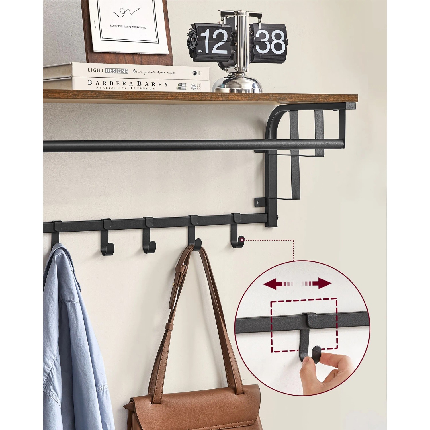 Songmics Wandgarderobe Barnet-old mit Ablage, 5 Haken, braun-schwarz. Praktische Flurgarderobe im Industrie-Design.