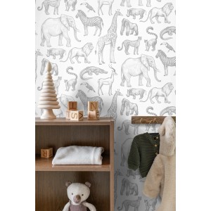 ESTAhome Vliestapete Dschungeltiere in Weiß und Grau. Elefanten, Zebras, Giraffen auf dekorativer Tapete im Kinderzimmer.