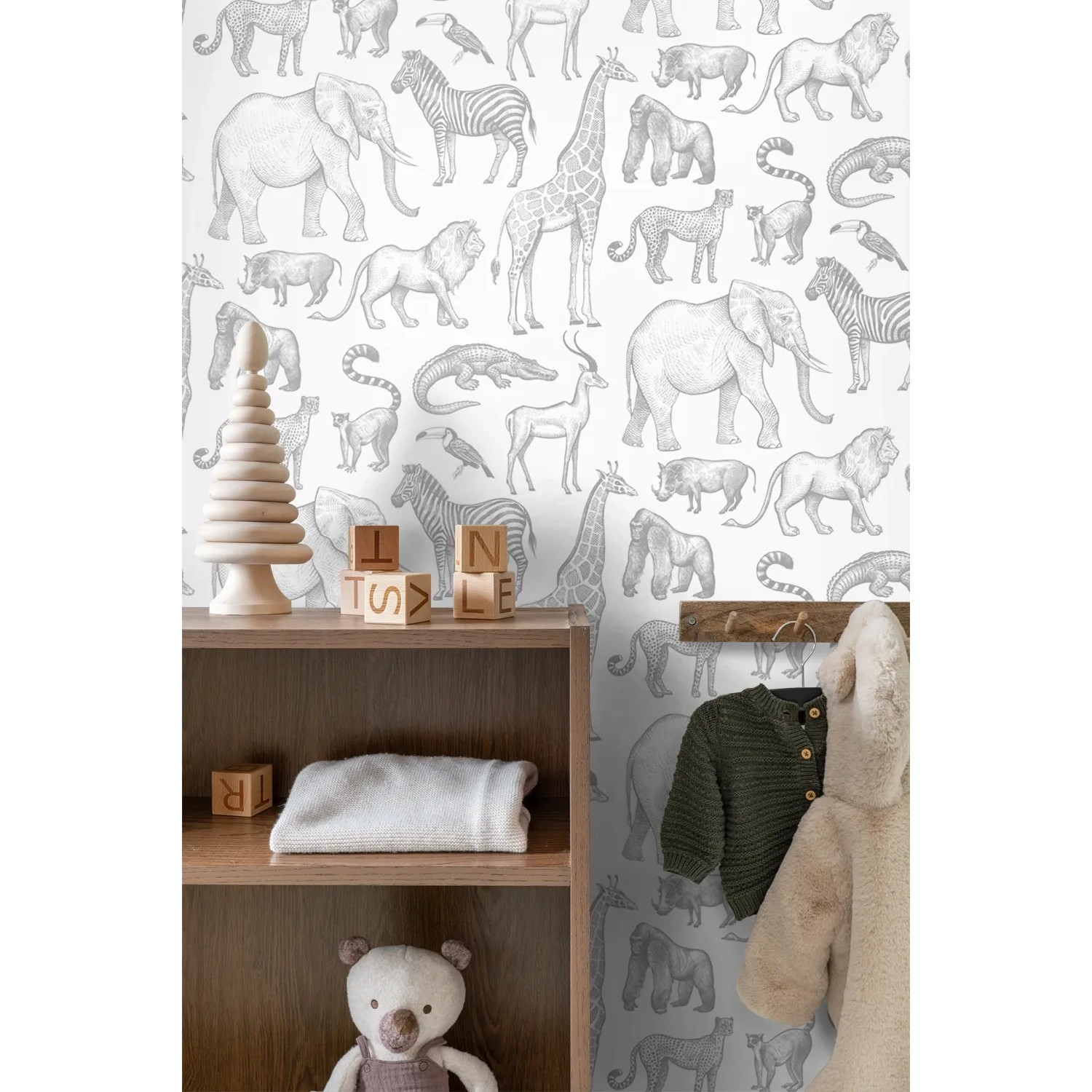 ESTAhome Vliestapete Dschungeltiere in Weiß und Grau. Elefanten, Zebras, Giraffen auf dekorativer Tapete im Kinderzimmer.