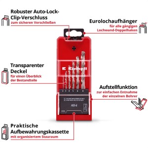 Einhell Metallbohrer-Set HSS-G, 6-teilig (2-8 mm) in roter Kassette mit transparentem Deckel.