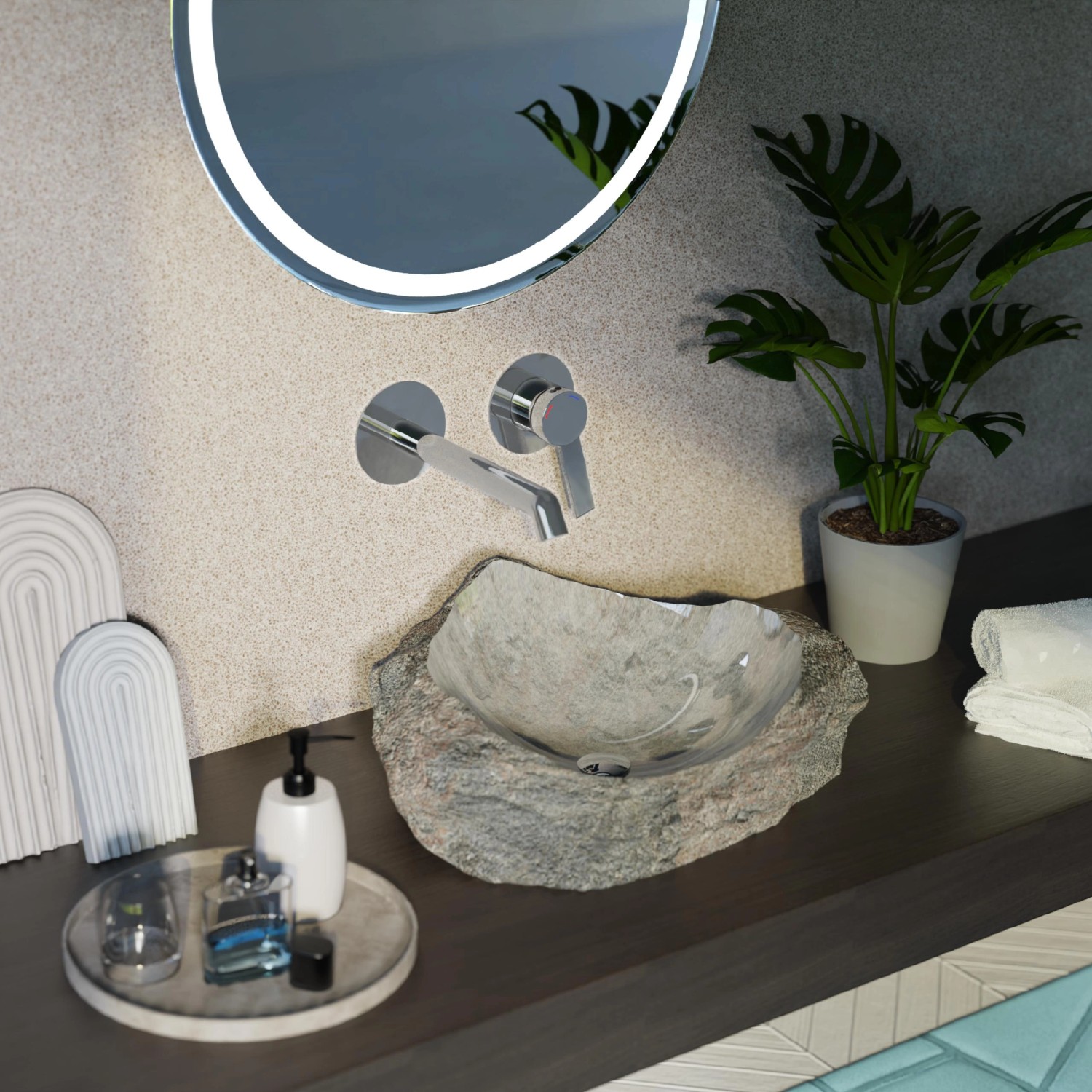 Schütte Waschtischarmatur Los Angeles Chrom für Wandmontage über Steinwaschbecken.