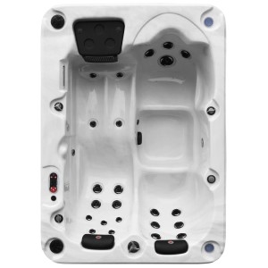 Canadian Spa Whirlpool Montreal, Aufsicht: Weißer, rechteckiger Outdoor-Whirlpool für 3 Personen mit Düsen.