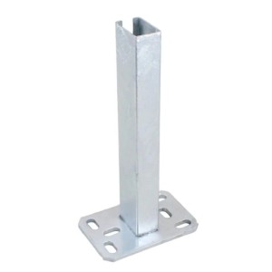 Galaflor lange, verzinkte Metall-Bodenplatte für 60x40mm Zaunpfosten. Robuster Pfostenträger mit Fußplatte und Löchern zur Montage.