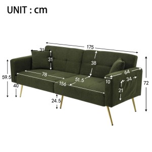 Grünes Schlafsofa mit Bettfunktion, verstellbarem Winkel, goldenen Beinen und Maßen. Modernes Sofa.