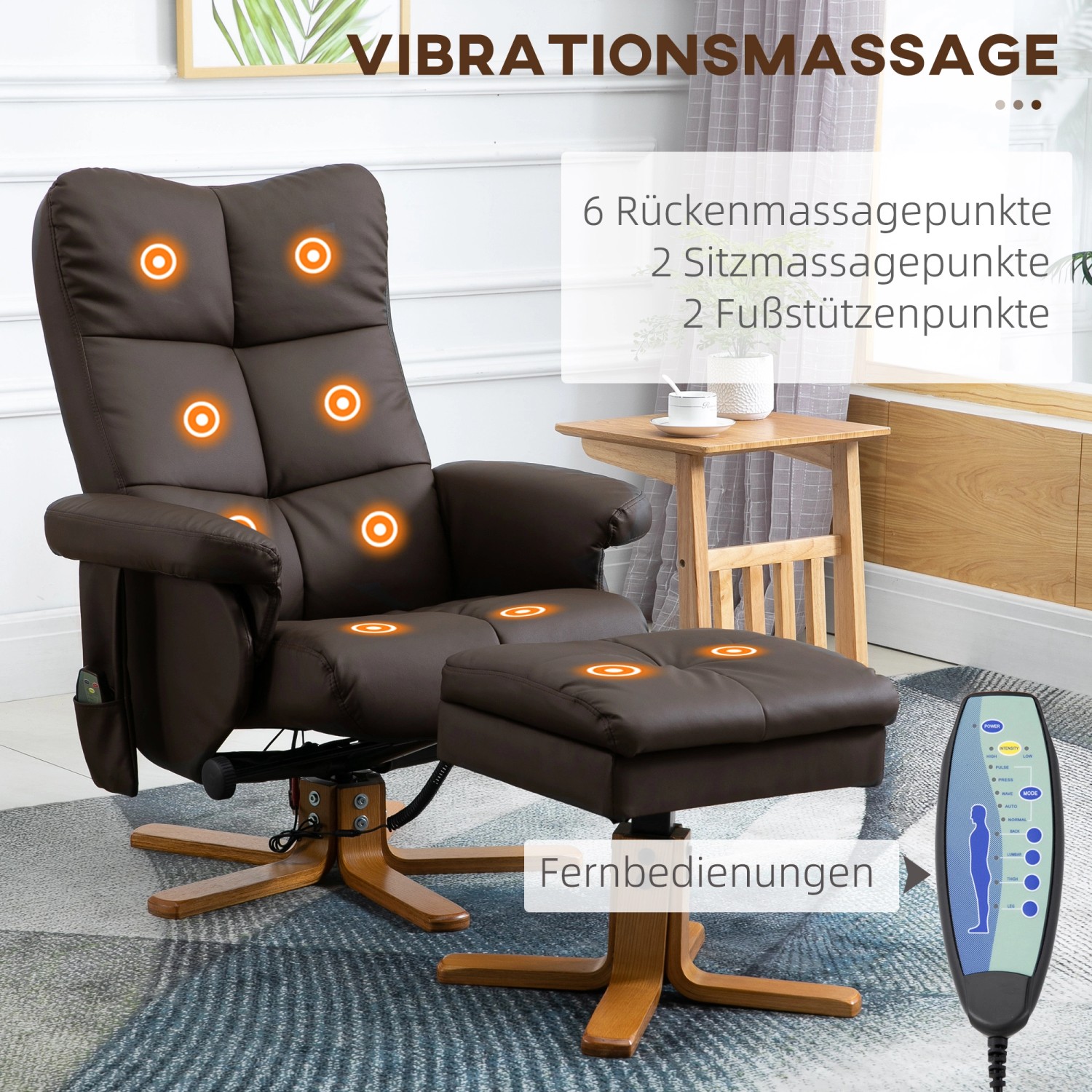 Brauner HOMCOM Massagesessel mit Hocker, neigbar bis 145 Grad, mit Massagepunkten.