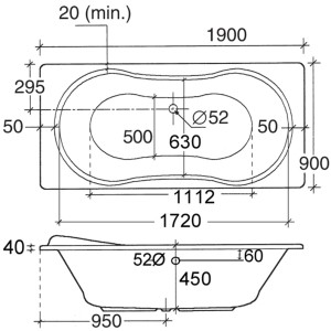 Technische Zeichnung der Rechteck-Badewanne Palma, 190x90 cm, mit Maßangaben.