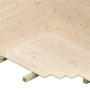 Detailansicht Skan Holz Gartenhaus Namur: Wand und Boden aus hellem Holz, Aufbau.