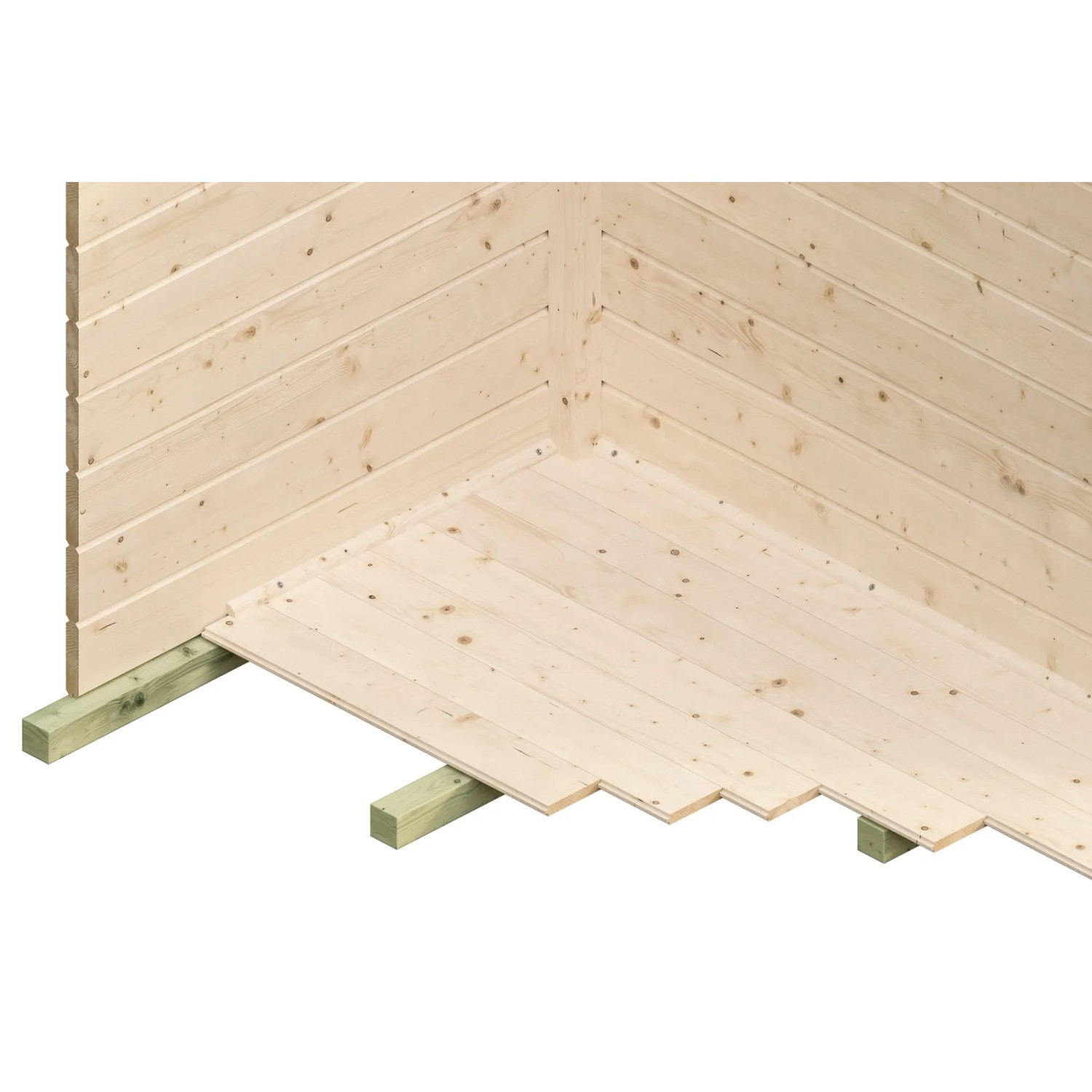 Detailansicht Skan Holz Gartenhaus Namur: Wand und Boden aus hellem Holz, Aufbau.
