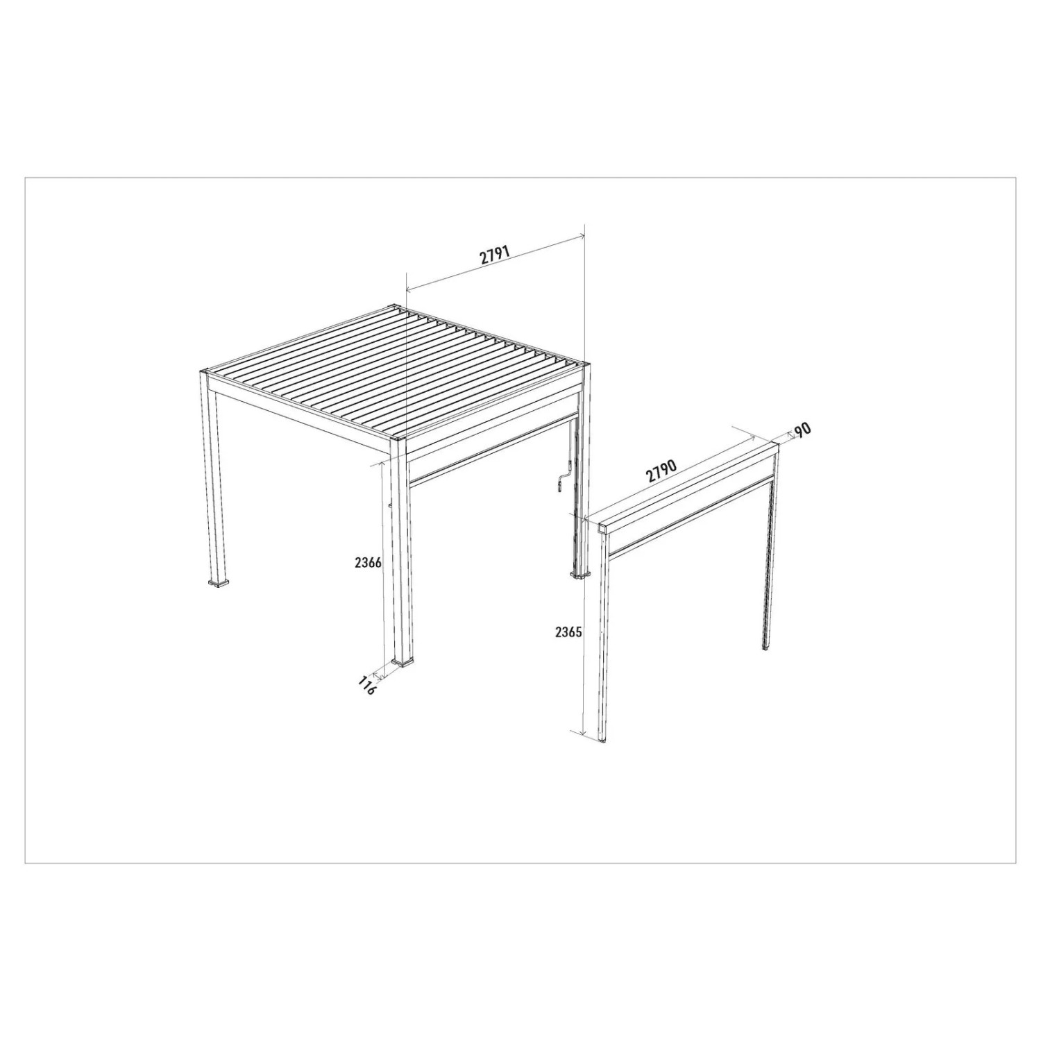 Technische Zeichnung: Weide Sonnenrollo für Weide Pergola 3 M in Weiss mit Maßen.